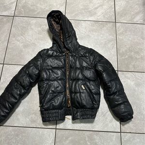 Sean John black leather hooded puff jacket